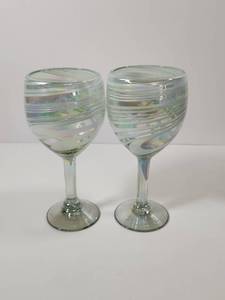 lot 228 image: Mexican Blown Glass Wine Glasses with Swirl Pattern - Set of 2