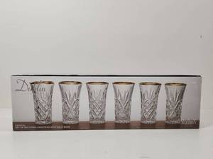 lot 230 image: Dublin Crystal Set of Six Vodka Shooters with Gold Band by Shannon NEW