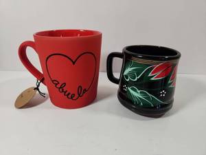 lot 236 image: Set of Two Coffee Mugs - Red Heart Design and Black Floral Pattern