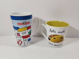 lot 240 image: Monopoly Board Game and Taco Humor Coffee Mug Set
