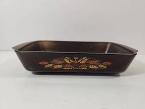 lot 250 image: Pyrex Wheat Pattern Brown Glass Loaf Pan with Handles