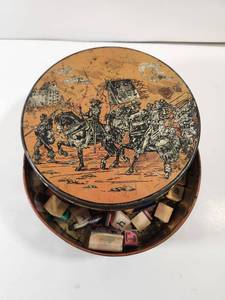 lot 320 image: Decorative Tin with Medieval Battle Scene and Letter Stamps Collection