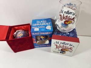 lot 342 image: Kansas Jayhawks Glass Ornaments and Stemless Wine Glass Set