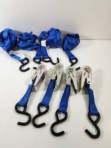 lot 354 image: Blue Ratchet Tie Down Straps Set with Hooks
