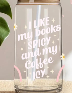 lot 2511 image: Glass Can Shaped Tumbler with Books Coffee Quote