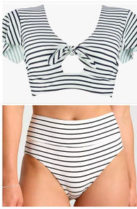 Black and White Striped Two-Piece Bikini Set with Tie Front Top