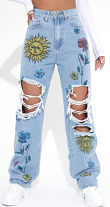 lot 2545 image: Distressed Denim Jeans with Sun and Floral Details&nbsp