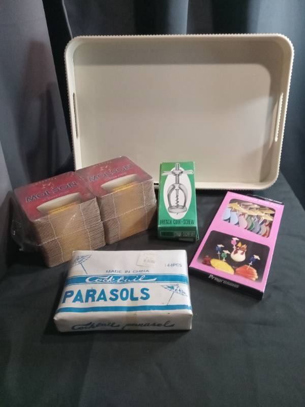 lot 3492 image: Party Supplies Bundle with Parasols, French Corkscrew, and Tropical Picks
