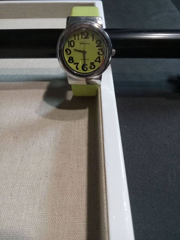 lot 3498 image: Geneva Platinum Analog Wrist Watch with Yellow Face and Green Band