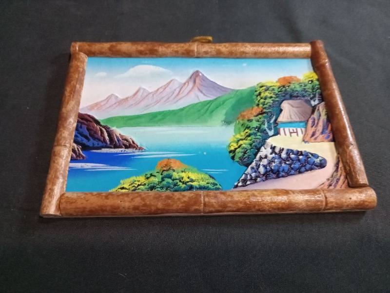 lot 3512 image: Bamboo Framed Landscape Painting with Coastal Scene