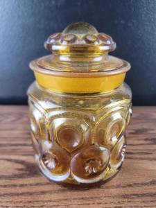 lot 4387 image: Amber Pressed Glass Hearts and Thumbprint Pattern Covered Jar