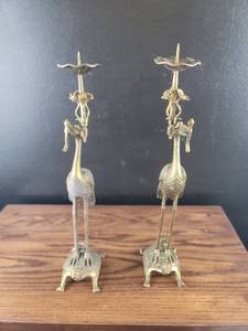 lot 4400 image: Brass Crane Bird Candlestick Holders Pair