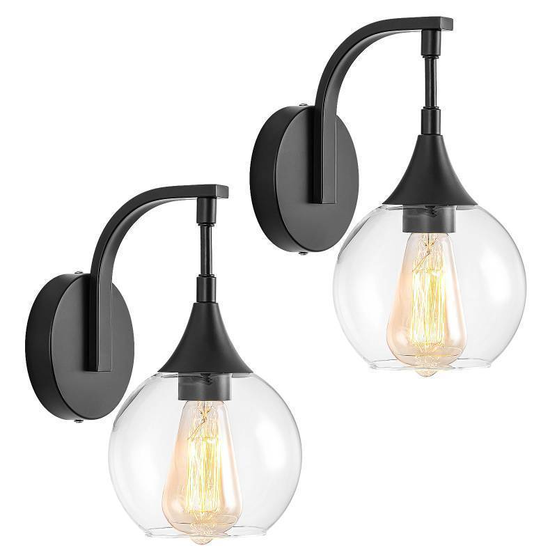 lot 22600 image: FIYUEOYI Black Wall Sconces Set of Two,Modern Wall Sconce Light with Clear Glass Shade,Bathroom Vanity Light Fixtures,Farmhouse Wall Lights for Living Room, Hallway,Kitchen - Retail $93