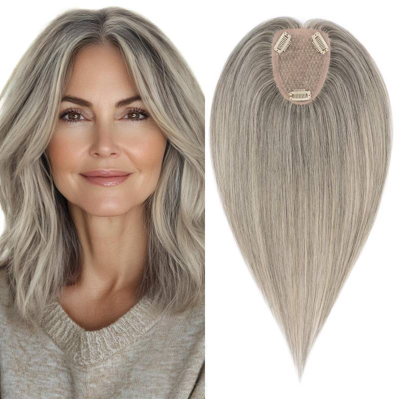 lot 44530 image: Elailite Human Hair Toppers for Women Real Human Hair Thinning Thin 9  12CM Silk Base Clip in Remy Hairpieces Hand-Tied 14 Inch White Blonde mix Natural Black - Retail $140