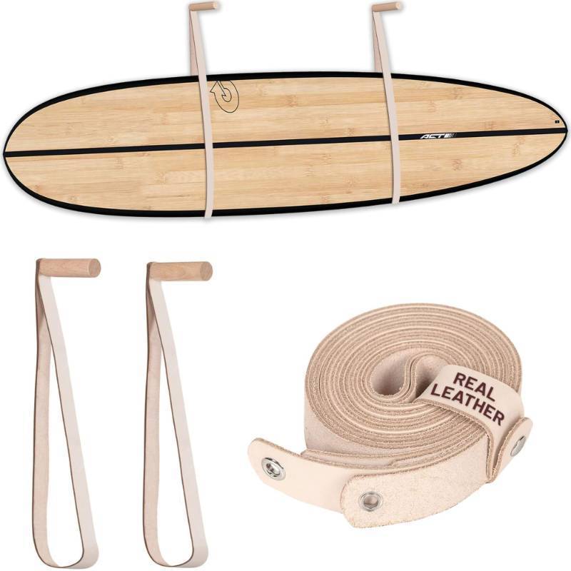 lot 50848 image: Hang 11 Surfboard Wall Mount - Surf Board Wall Hangers, Sustainable Wood & Leather Mount, Hang Any Board, Surfboard Hanger, Surf Rack (White) - Retail $40