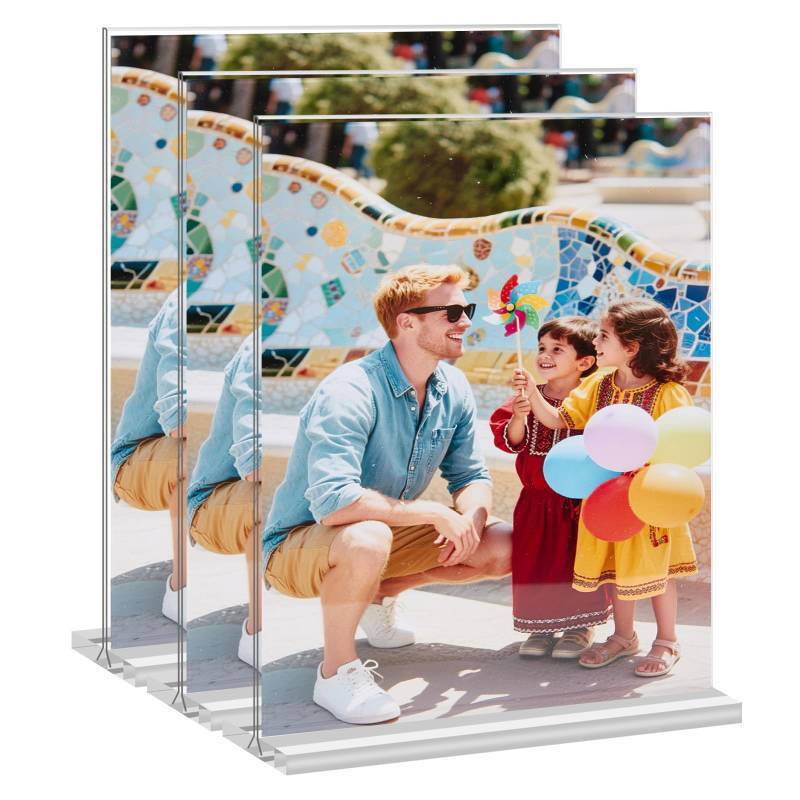 lot 50859 image: Vordwell 5x7 Acrylic Picture Frame, 3 Pack Double-Sided Clear Acrylic Picture Frames, T Shape Self Standing Photo Frame for Desktop Display