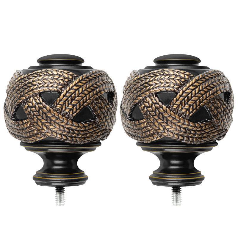 lot 50885 image: USFOOK Window Treatment Finials for 1 or 78 Inch Curtain Rods, Black Drapery Rods Replacement Finials with M6 Screws, Woven Leaf Pattern, 2 Pack - Retail $12