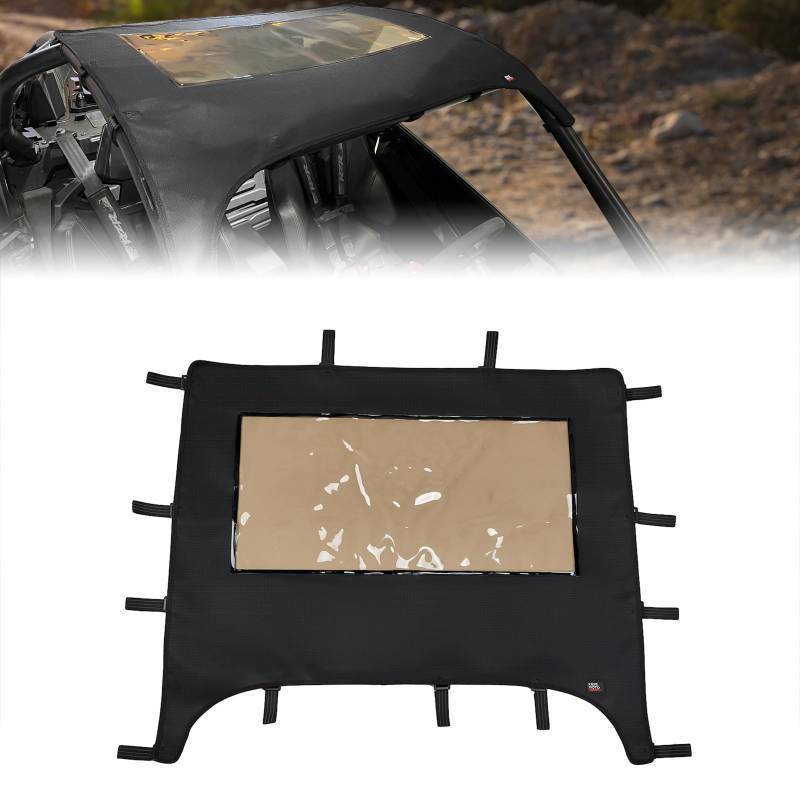 lot 58873 image: KEMIMOTO Black Soft Top Compatible with Polaris RZR PRO R Soft Canvas Roof Top1680D Oxford Fabric Roof Waterproof with Brown-Tinted Skylight - Retail $27