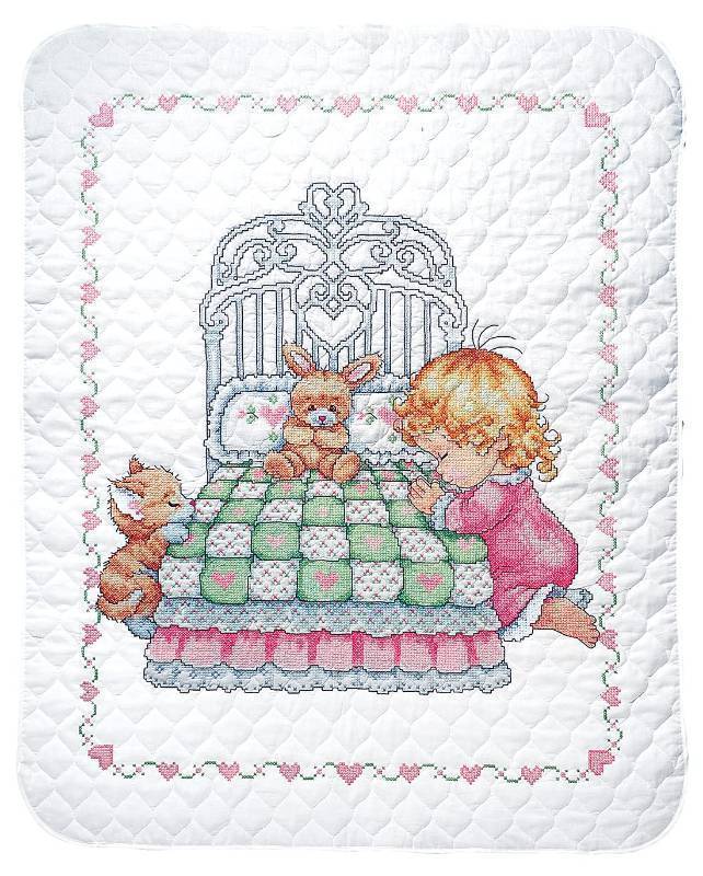lot 59378 image: Tobin Bedtime Prayer Girl Quilt Stamped Cross Stitch Kit, 36 by 43-Inch,White - Retail $37