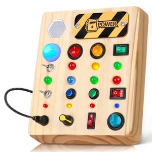 lot 51014 image: TINTECUSA Busy Board Montessori Toys for Toddler, Wooden Sensory Board Switch Toy with Shape Sorter LED Light Up Toys Educational Plane Travel Activity for Girls & Boys - Retail $20