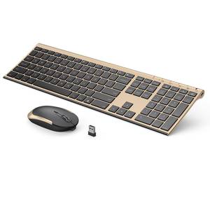 lot 51018 image: Wireless Keyboard and Mouse, Vssoplor 2.4GHz Rechargeable Compact Quiet Full-Size Keyboard and Mouse Combo with Nano USB Receiver for Windows, Laptop, PC, Notebook-Black Gold - Retail $36