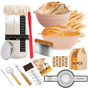 lot 51021 image: Sourdough Starter Kit, 24PCS Sourdough Bread Baking Supplies, 9 Round & 11 Oval Banneton Bread Proofing Basket, Bread Sling, Starter Jar, Whisk, Scrapers, Bread Lame, Bag, Sour Dough Making Tools Kit - Retail $27