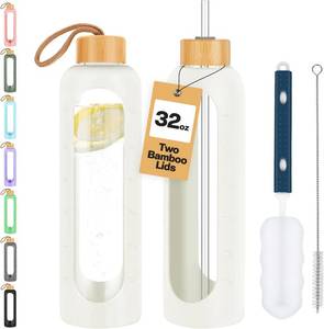 lot 51022 image: OxyFlask Glass Water Bottles 32 oz - Motivational Drinking Glass Water Bottle with Silicone Sleeve, Straw & 2 Bamboo Lids - 1 Liter Clear Borosilicate Daily Intake Tumbler with Time Marker - Cream