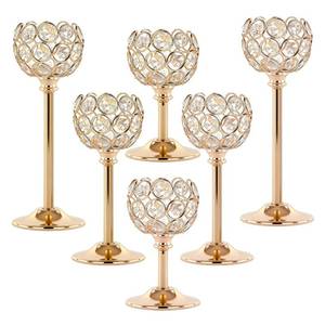 lot 51028 image: Crystal Candle Holders 2 Set of 6 - Gold Vintage Hollow Ball Candle Stand for Table Centerpiece, Crystal Metal Tealight Candlestick for Wedding, Dining Room Decor - Retail $30