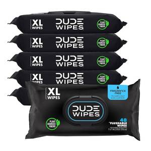 lot 51029 image: DUDE Wipes Unscented Flushable Wipes - Extra-Large Adult Wet Wipes for Sensitive Skin - 6 Pack (288 Count) - Infused with Vitamin E and Aloe - Septic and Sewer Safe - Retail $21