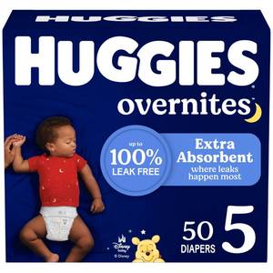 Huggies Overnites Size 5 Overnight Diapers (27+ lbs), 50 Ct, Packaging May Vary - Retail: $25