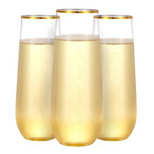lot 51051 image: N9R 36PCS Plastic Champagne Flutes, 9 Oz Stemless Disposable Gold Rim Toasting Glasses, Crystal Clear Cocktail Cups Drinkware Shatterproof Ideal for Party Wedding Birthday - Retail $26