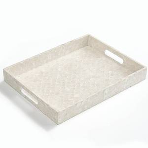 lot 51052 image: CHI AN HOME Capiz Decorative Tray 15.8 x 11.8 x 1.8 Rectangular Tray, Natural Handmade Serving Tray with Handles for Coffee Tables, Ottoman, Vanity, Kitchen, Coastal Boho Home Decor, White - Retail $33