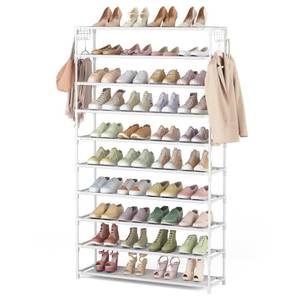 lot 51056 image: LANTEFUL 10 Tiers Shoe Rack 50 Pairs Large Capacity Tall Shoe Organizer Sturdy Shoe Storage with Two Hooks Space Saving Metal Wide Shoe Rack for Closet, Entryway, Bedroom, White - Retail $19