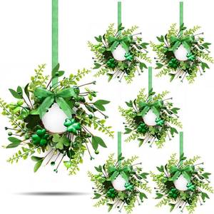 lot 51067 image: 6 PCS Mini St. Patricks Day Glitter Shamrocks Wreath for Front Door St. Patricks Day Kitchen Cabinet Wreaths Decorations with Ribbon Small Lucky Green Irish Clover Berry Wreath for Porch Wall Window - Retail $14