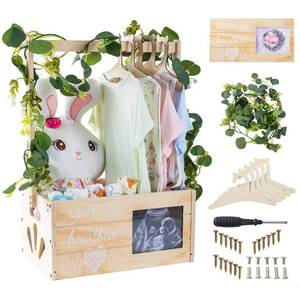 lot 51071 image: LLMQ Wooden Baby Shower Crate Closet, Personalized Baby Shower Basket with Wreath & Hanger, Love at First Sight Sonogram Picture Frame, Easy Assembly Baby Clothes Storage Box for Pregnancy Gift - Retail $27