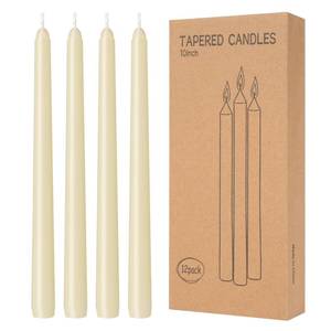 lot 51075 image: 12 Pack Ivory Taper Candles 10 inch - Taper Candles Dripless, Smokeless, Unscented - 8 Hours Long Burning - Hand Poured Tall Candlesticks - Perfect for Home Decor, Weddings, and Special Occasions - Retail $14