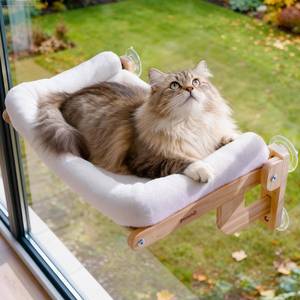 lot 58206 image: Pecute Foldable Cat Window Perch, Cloud-Soft Cat Bed with Solid Wood Frame, Strong Suction Cup, Washable Cushion, Stable Large Cats Hammock with Sided Bolster, Cats Perch Indoor for Sunbathing, White