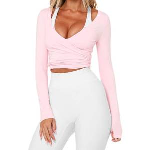 lot 58252 image: Women Pilates Wrap Top Workout Ballet Self Tie Shirt Long Sleeve Cross Sexy Deep V Neck Yoga Blouse (US, Alpha, Large, Regular, Regular, Pink) - Retail $18