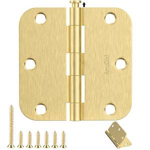 lot 58259 image: AmzGod Door Hinges Satin Brass - 24 Pack Gold Door Hinges 3.5 Inch Rounded Interior Door Hinge with 58 Radius - 3 12 Inches Flat Iron Brass Hinges for Residential Standard Doors - Retail $35
