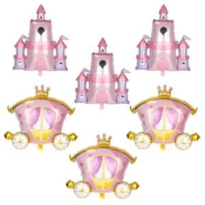 lot 58265 image: 4pcs Princess Birthday Party Balloons, Pink Princess Castle & Carriage Foil Balloons for Birthday Baby Shower Bachelorette Decorations - Retail $7