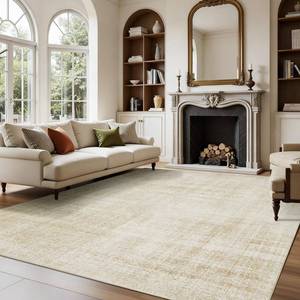 lot 61674 image: Joydeco 5x7 Area Rugs for Living Room, Machine Washable Vintage Area Rugs, Low Pile Non Slip Carpet, Lightweight Chenille Print Rug for Bedroom, Dining Room, Home Office, Beige - Retail $45