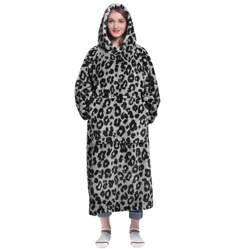 lot 55316 image: Waitu Wearable Blanket Sweatshirt Gifts for Women and Men, Warm and Cozy Blanket Hoodie, Thick Flannel Hoodie Blanket with Sleeves for Adults and Kids - Leopard Gray - Retail $40
