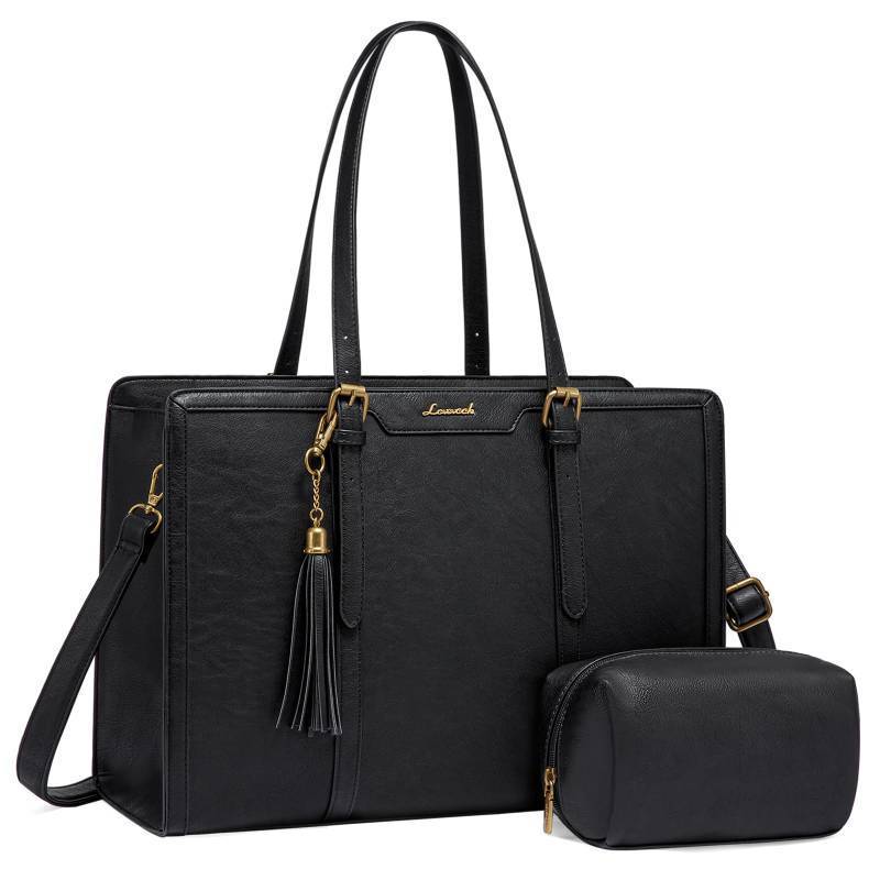 lot 25904 image: LOVEVOOK Laptop Bag for Women Vintage Leather Laptop Tote 15.6 inch Large Capacity Computer bag with Clutch Purse for Work - Retail $50