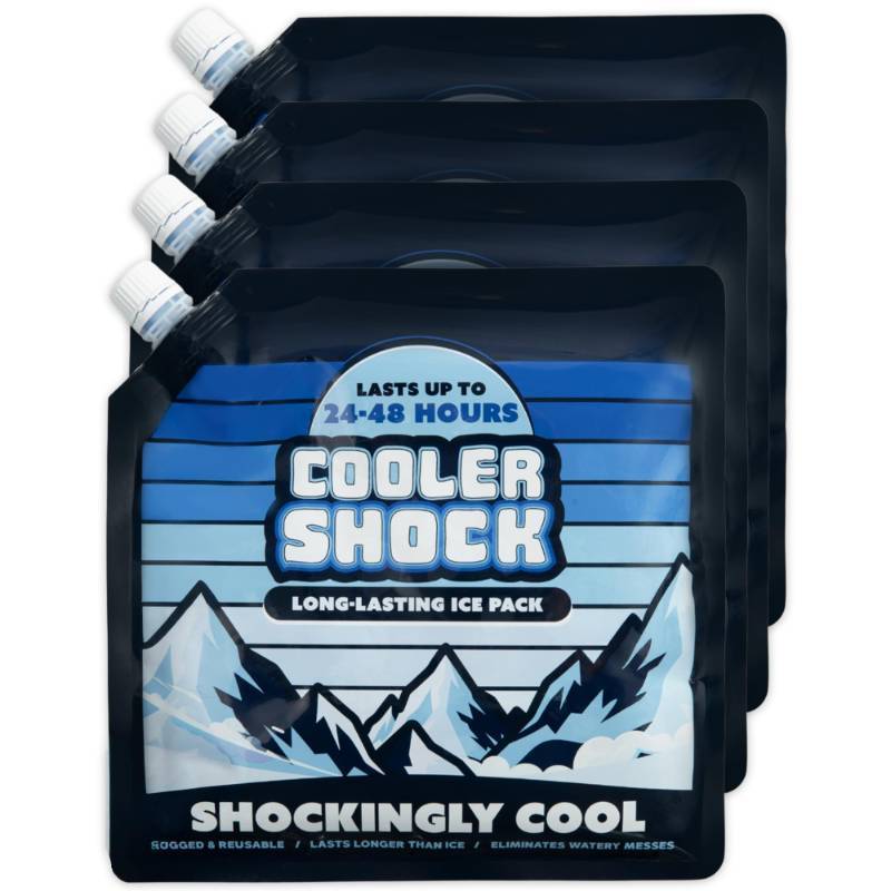 lot 51837 image: 4 Mid-Size Cooler Freeze Packs 10x10 inch Screw Cap. The Coldest Pack at 18 Degrees F. No Ice Needed, Reusable. You Add Water & Save. C.S. Brand Packs Have 4,000 Reviews Avg. 4.6 Stars - Safe USA Made - Retail $30