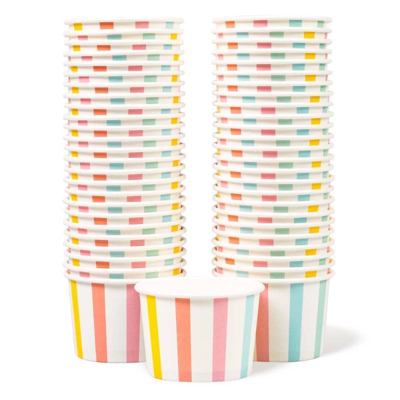 lot 32546 image: MATICAN Paper Ice Cream Cups - 50-Count 4-Oz Disposable Dessert Bowls for Hot or Cold Food, 4-Ounce Party Supplies Treat Cups for Sundae, Frozen Yogurt, Soup, Pastel Stripes - Retail $7