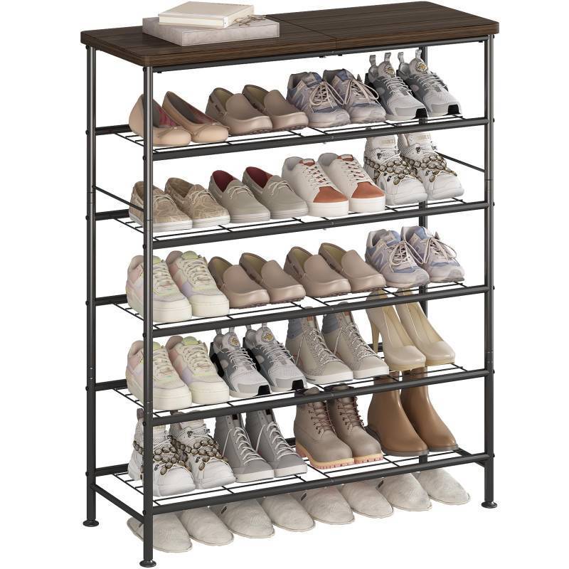 lot 63047 image: SUOERNUO Shoe Rack Organizer 6 Tier for Closet Entryway Free Standing Metal Storage Shoe Shelf with MDF Top Board Black - Retail $50