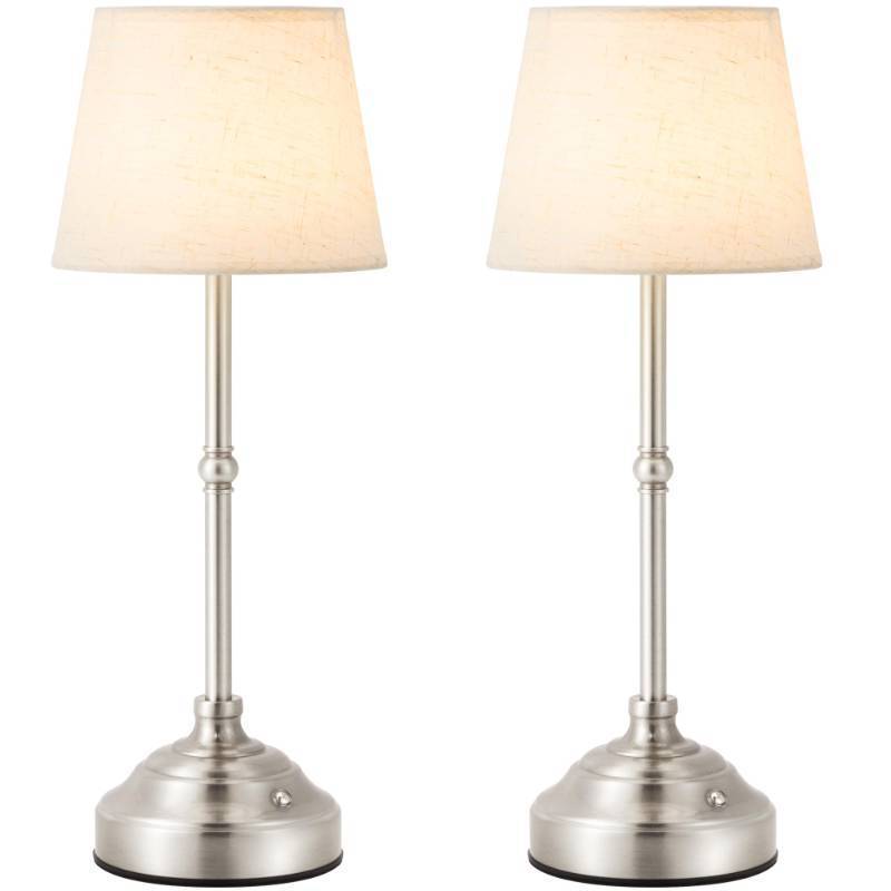 lot 59515 image: keysays 2 Pack Cordless Table Lamp, Rechargeable Desk Lamp with Fabric Shade, Battery Operated Lamp 3 Color Stepless Dimming, Small Touch Bedside Lamp Home Decor for Dining, Counter (Brushed Sliver) - Retail $50