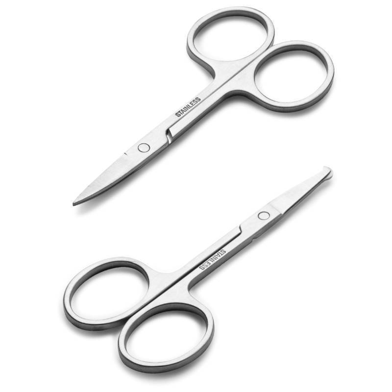 lot 40508 image: Facial Hair Small Grooming Scissors For Men Women - Eyebrow, Nose Hair, Mustache, Beard, Eyelashes, Ear Trimming Kit - Curved and Rounded Safety Tip Clippers For Hair Cutting - 2PCS Silver - Retail $5
