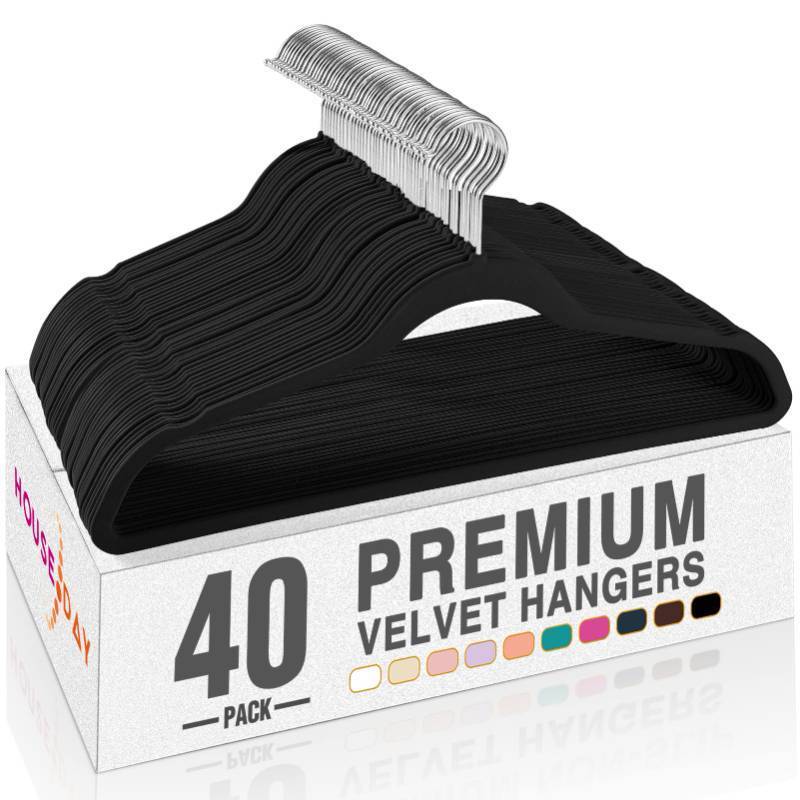 lot 49638 image: HOUSE DAY Black Velvet Hangers 40 Pack, Non Slip Clothes Felt Hanger Heavy Duty for Coat, Premium Slim Space Saving Suit Hangers for Closet Organizer, 360° Rotating Silver Hook - Retail $22