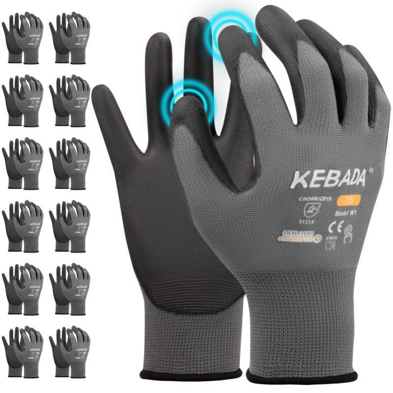 lot 49686 image: Kebada W1 Work Gloves for Men and Women, PU Coated Safety Gloves with Grip, Touchscreen, Ideal for Warehouse Package Handling, Construction, Gardening, 12 Pairs Gray Large - Retail $18